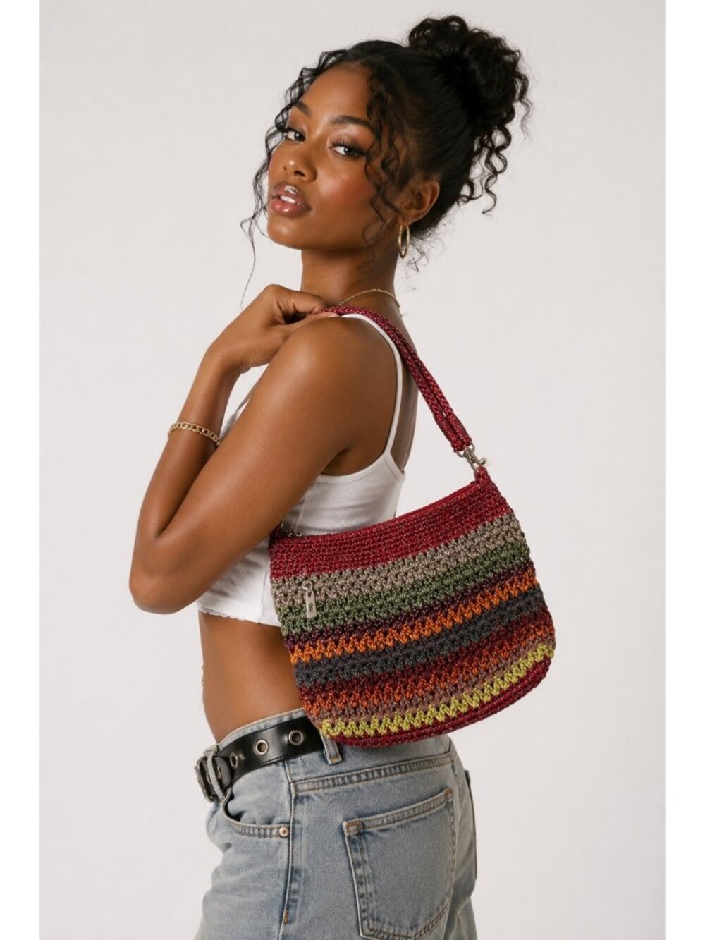 The Sak Crochet Shoulder Bag Multicolor Stripe Knit Hobo Purse Boho Zip Top